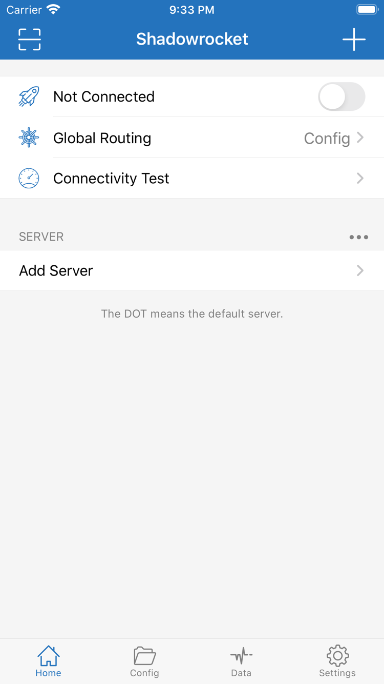 Shadowrocket의 Home 페이지: 상단에 Not Connected 스위치, Global Routing, Connectivity Test가 있고 아래에 SERVER와 Add Server가 표시됩니다