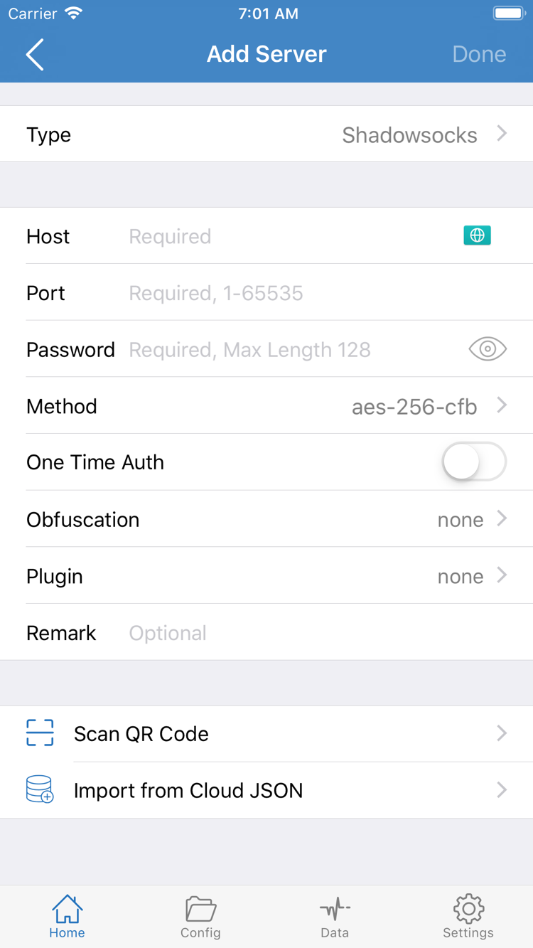 Shadowrocket의 Add Server 페이지: Type, Host, Port, Password, Method, Scan QR Code 및 Import from Cloud JSON 포함