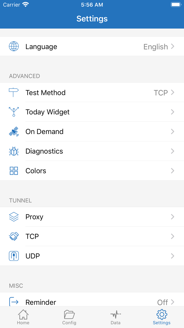 Shadowrocket의 Settings 페이지: Language, Test Method, Today Widget, On Demand, Diagnostics, Proxy, TCP 및 UDP 포함