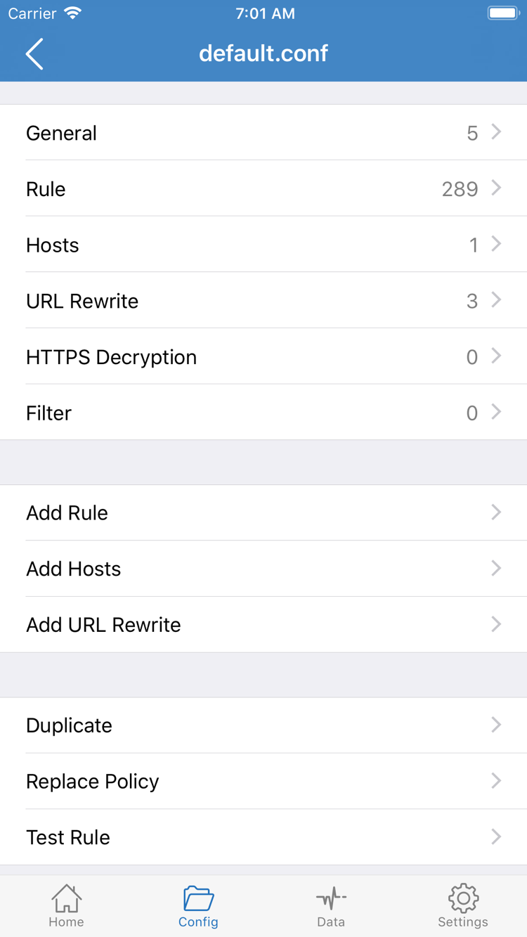 Shadowrocket의 Config 설정 파일 편집 페이지: General, Rule, Hosts, URL Rewrite, HTTPS Decryption 섹션 및 Add Rule 표시